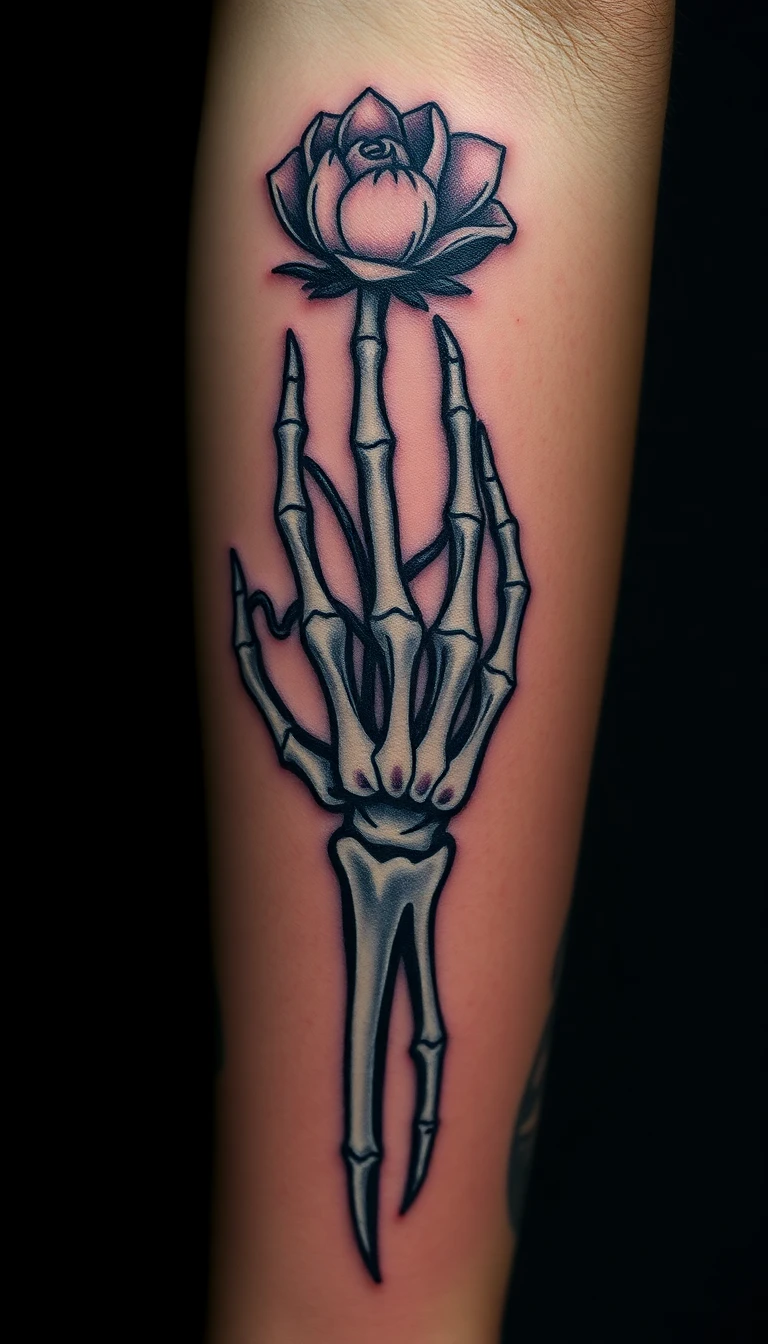 Skeleton hand and rose